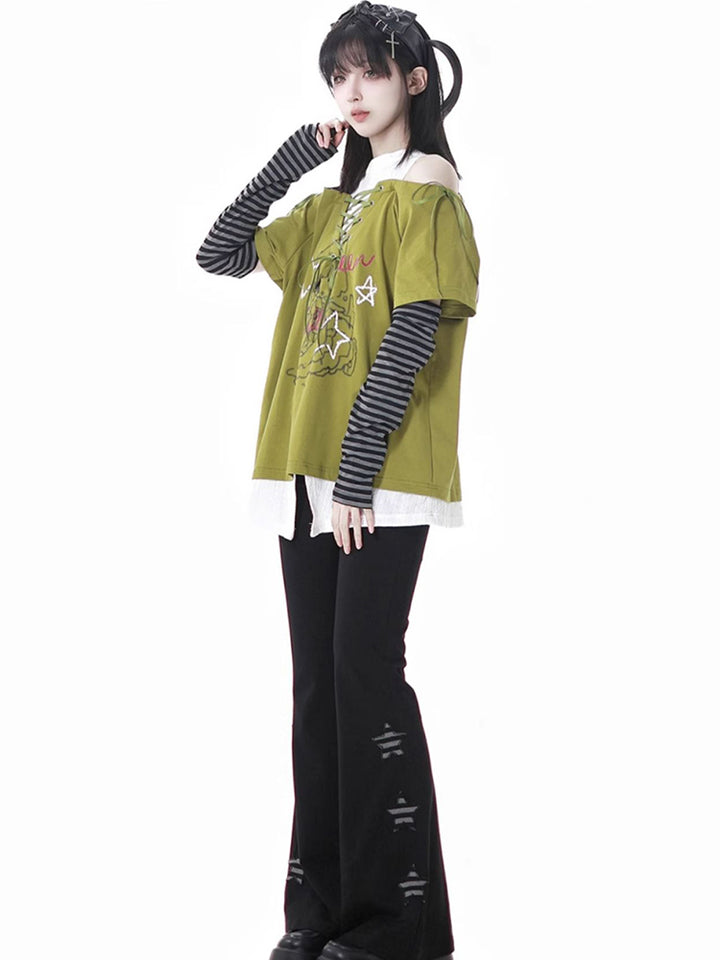 Y2K Style Off-Shoulder Green/Black Tie-Up T-Shirt Star Pants