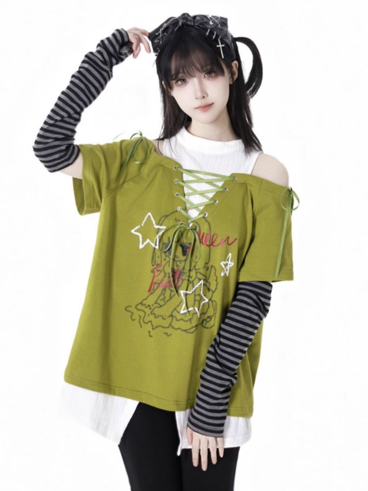 Y2K Style Off-Shoulder Green/Black Tie-Up T-Shirt Star Pants