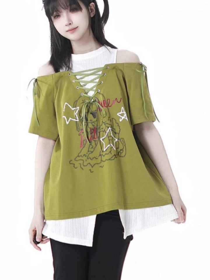 Y2K Style Off-Shoulder Green/Black Tie-Up T-Shirt Star Pants