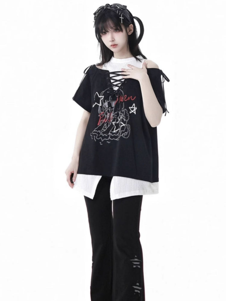 Y2K Style Off-Shoulder Green/Black Tie-Up T-Shirt Star Pants