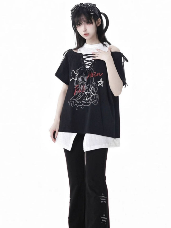 Y2K Style Off-Shoulder Green/Black Tie-Up T-Shirt Star Pants