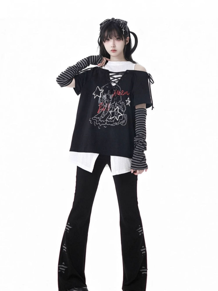 Y2K Style Off-Shoulder Green/Black Tie-Up T-Shirt Star Pants