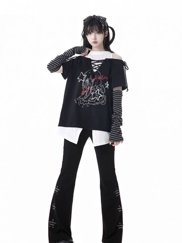 Y2K Style Off-Shoulder Green/Black Tie-Up T-Shirt Star Pants
