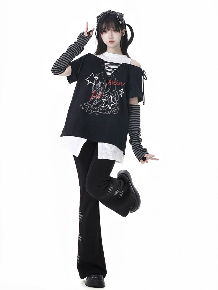 Y2K Style Off-Shoulder Green/Black Tie-Up T-Shirt Star Pants