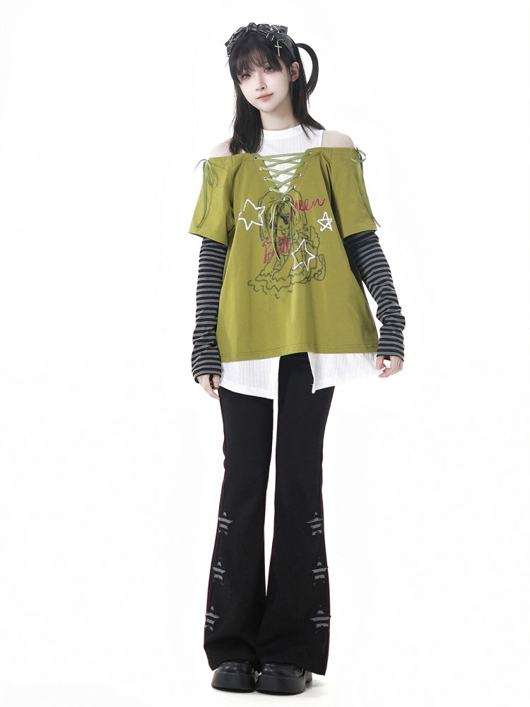 Y2K Style Off-Shoulder Green/Black Tie-Up T-Shirt Star Pants