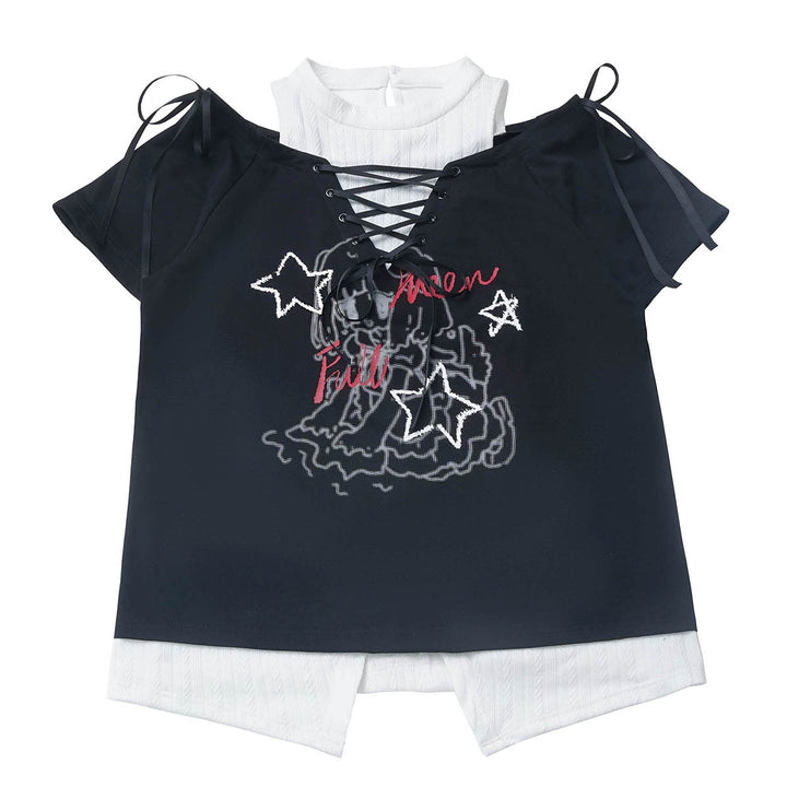 Y2K Style Off-Shoulder Green/Black Tie-Up T-Shirt Star Pants