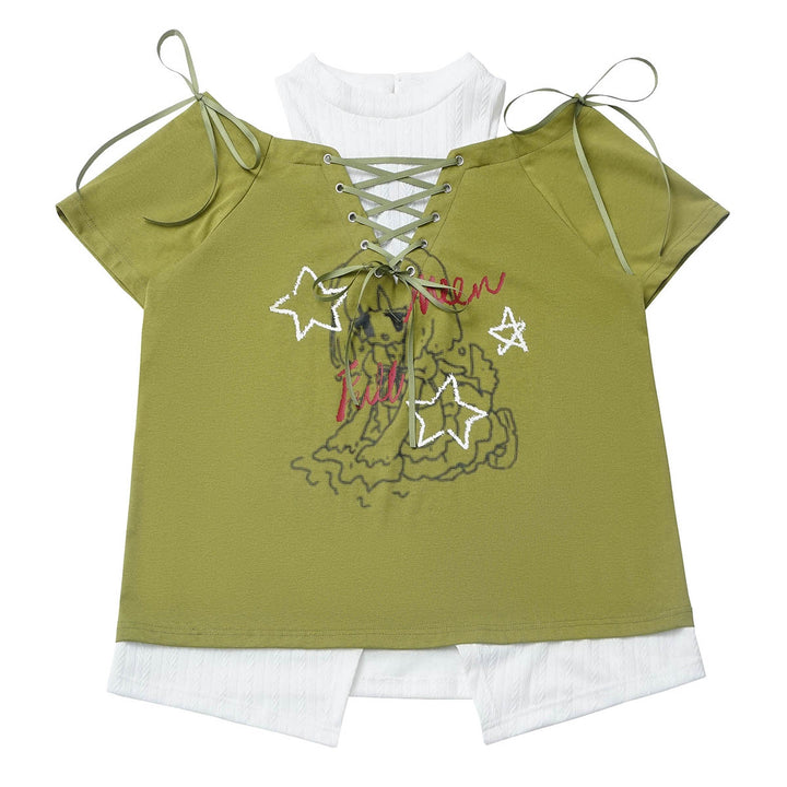 Y2K Style Off-Shoulder Green/Black Tie-Up T-Shirt Star Pants