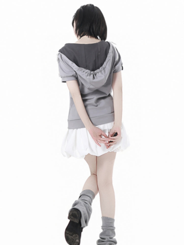 Gray Summer Short-sleeve Hoodie / T-Shirt / White Puff Skirt