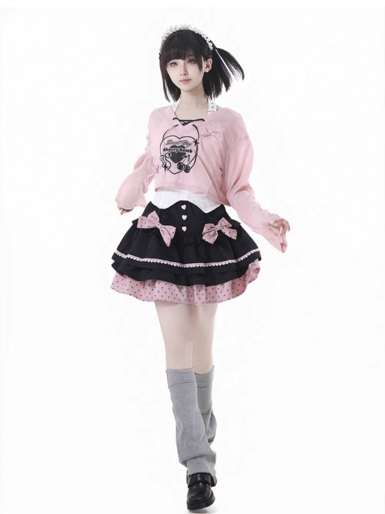 Pink Anime Girl Outfit Bell Sleeve Crop Top / Skirt