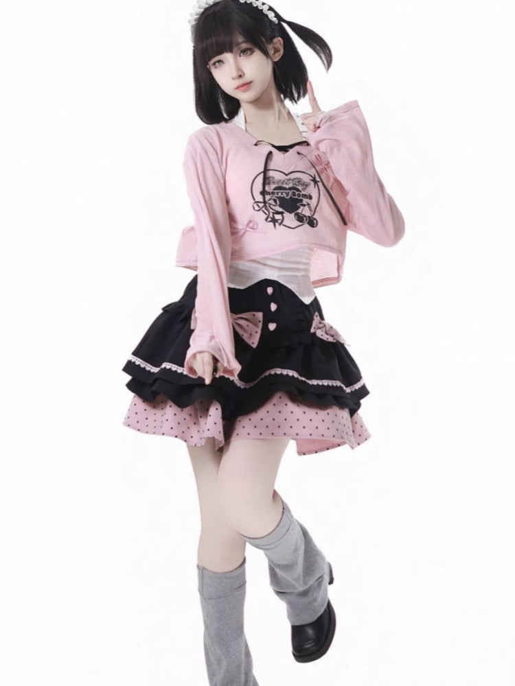 Pink Anime Girl Outfit Bell Sleeve Crop Top / Skirt