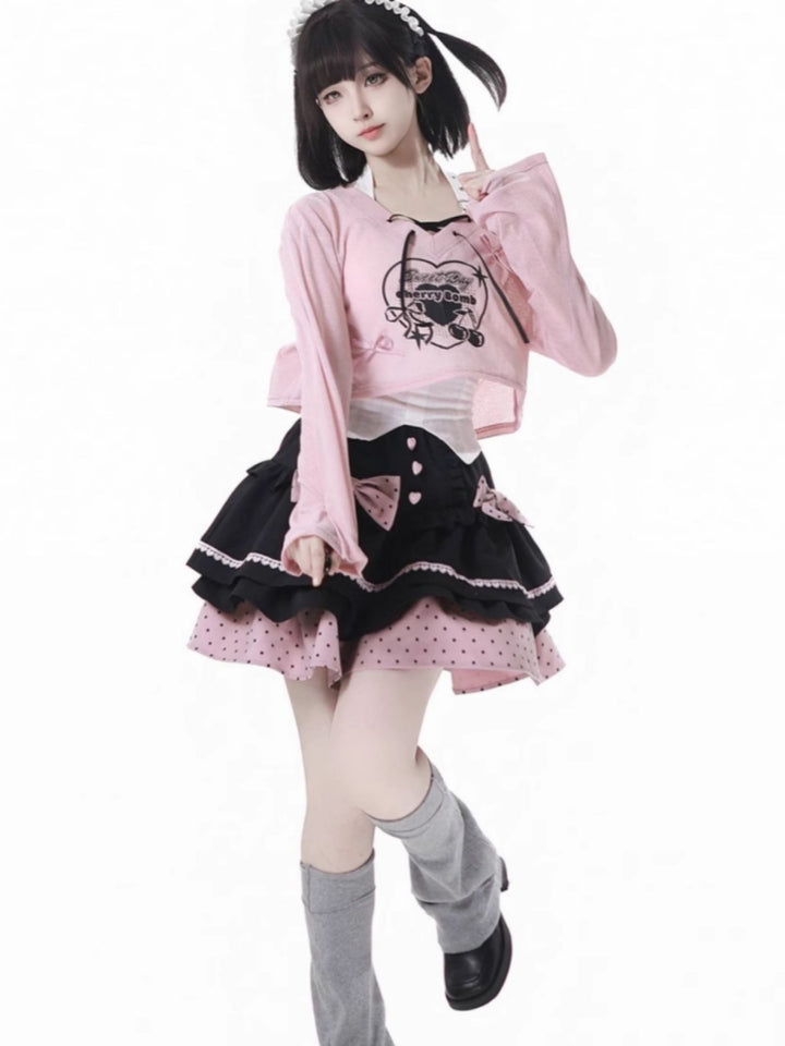 Pink Anime Girl Outfit Bell Sleeve Crop Top / Skirt