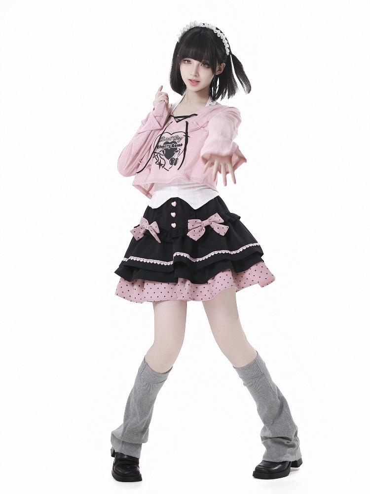 Pink Anime Girl Outfit Bell Sleeve Crop Top / Skirt