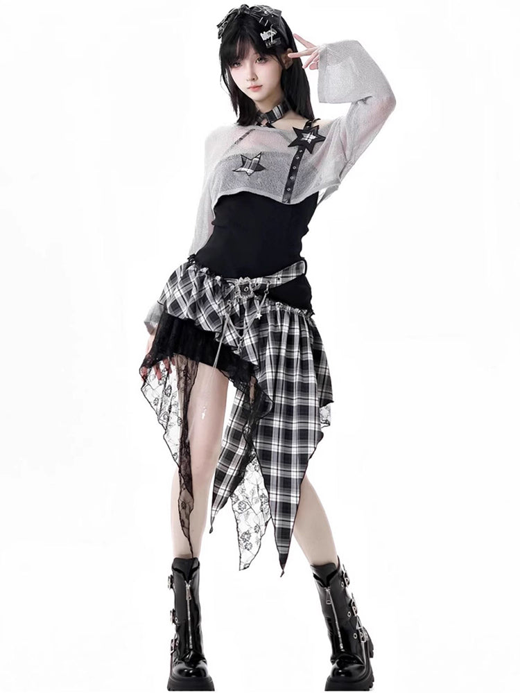Rock girl style plaid patchwork dress / crop top / shorts