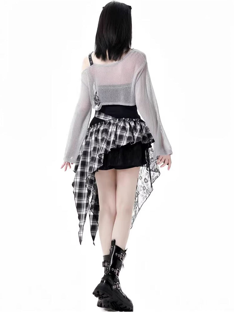 Rock girl style plaid patchwork dress / crop top / shorts