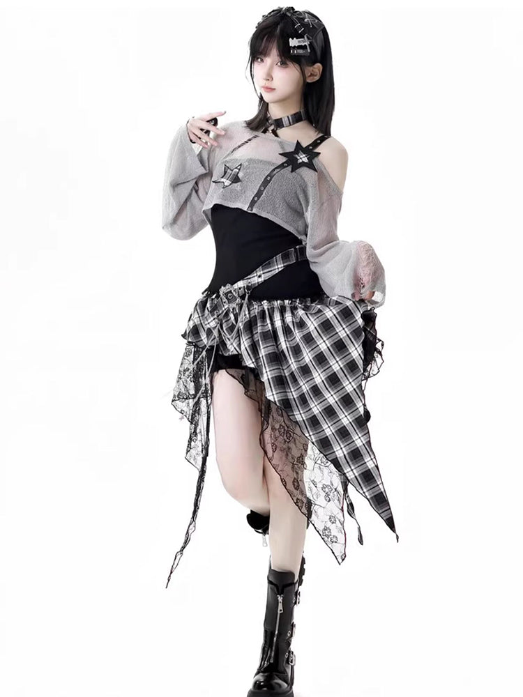 Rock girl style plaid patchwork dress / crop top / shorts