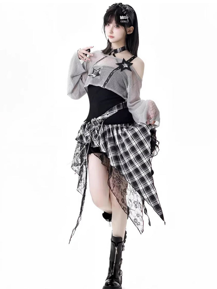 Rock girl style plaid patchwork dress / crop top / shorts