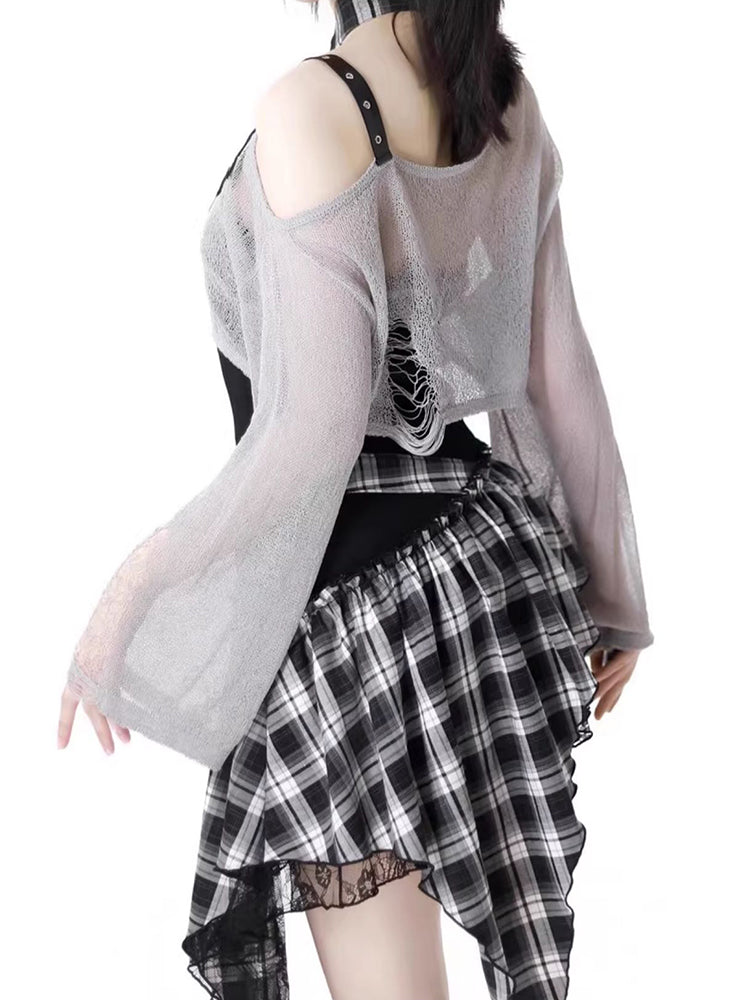 Rock girl style plaid patchwork dress / crop top / shorts