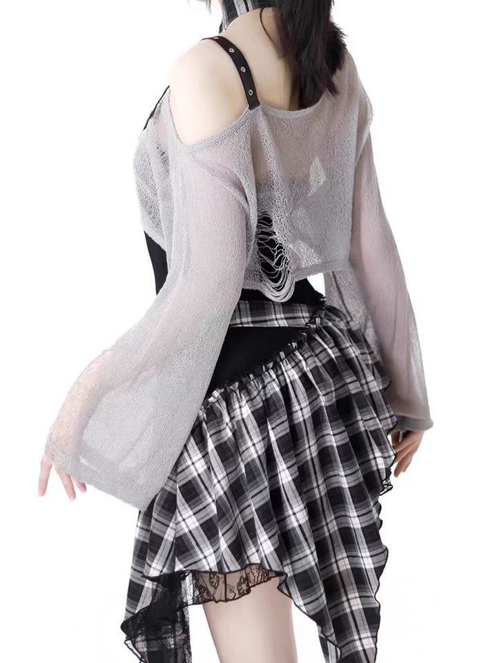 Rock girl style plaid patchwork dress / crop top / shorts