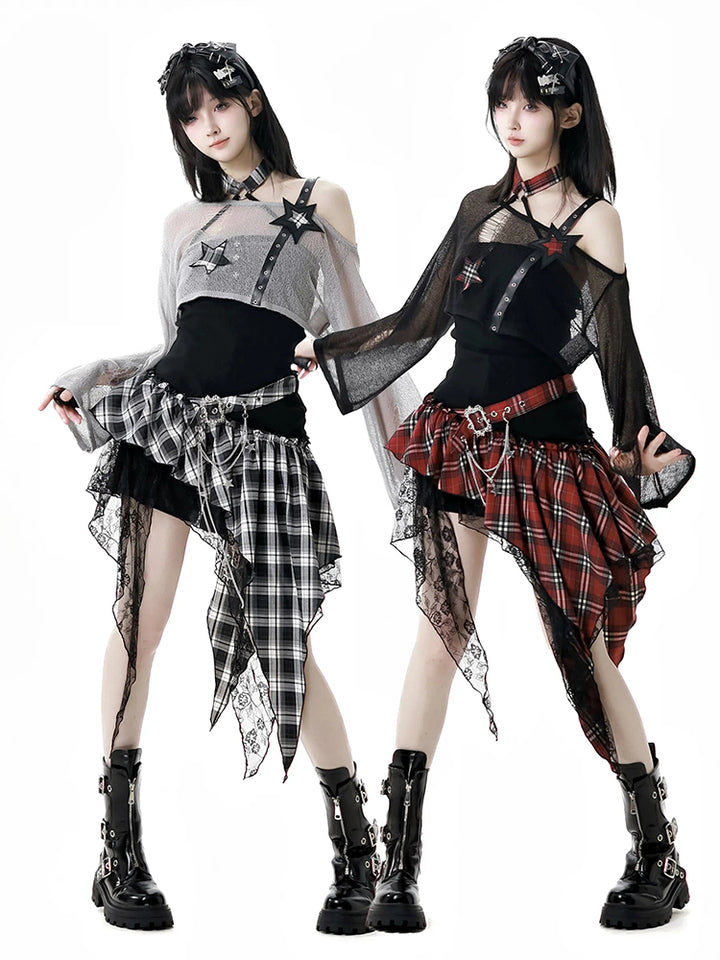 Rock girl style plaid patchwork dress / crop top / shorts