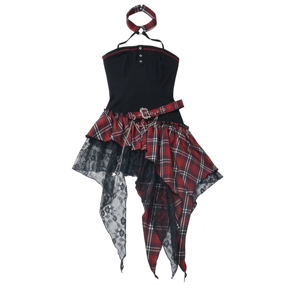 Rock girl style plaid patchwork dress / crop top / shorts