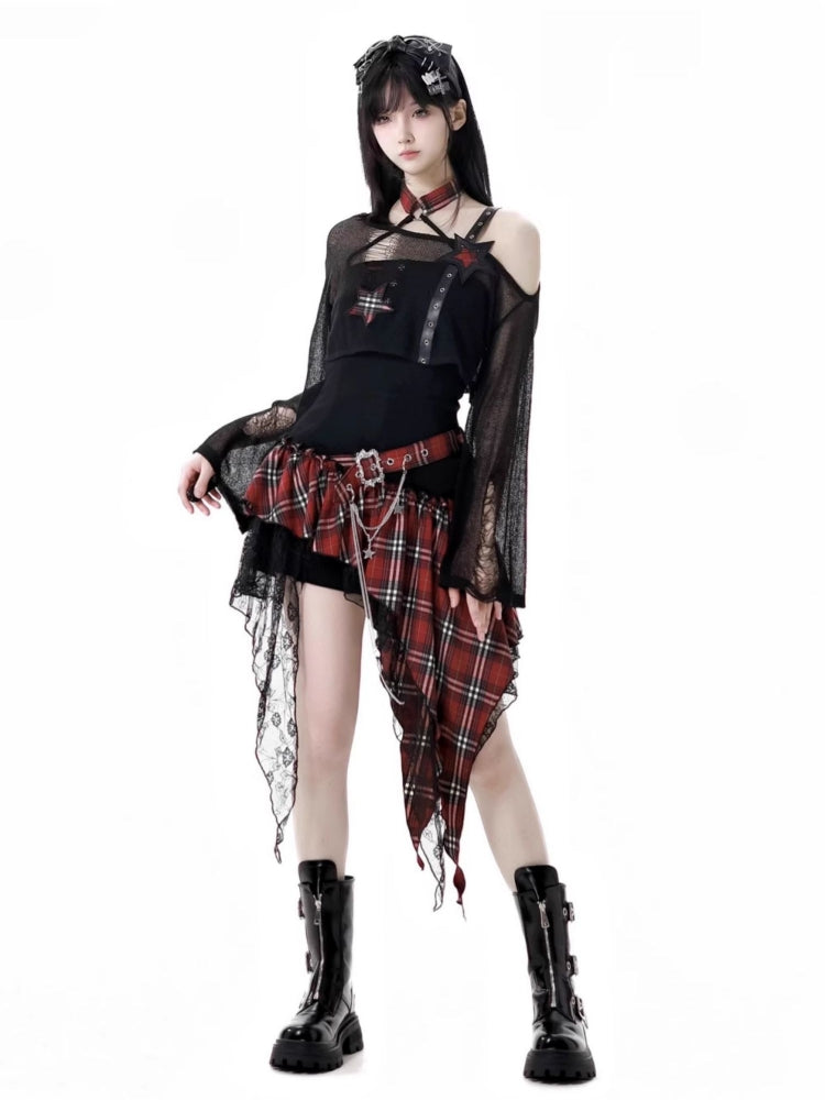 Rock girl style plaid patchwork dress / crop top / shorts