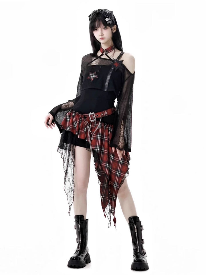 Rock girl style plaid patchwork dress / crop top / shorts