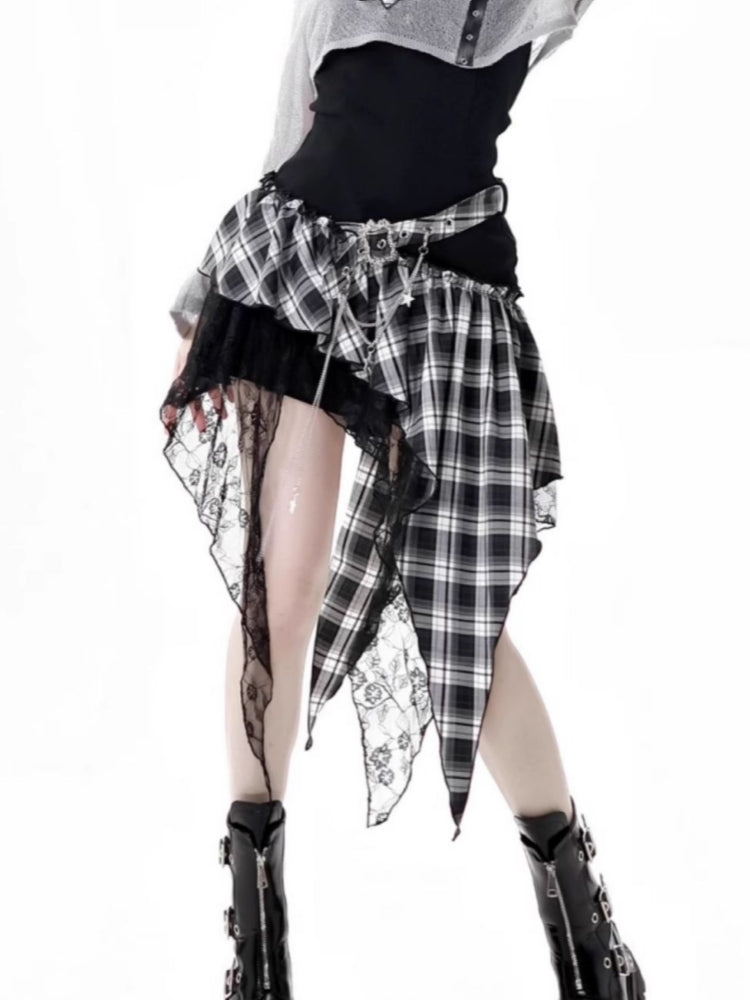 Rock girl style plaid patchwork dress / crop top / shorts