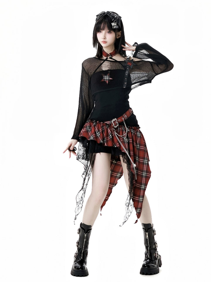 Rock girl style plaid patchwork dress / crop top / shorts
