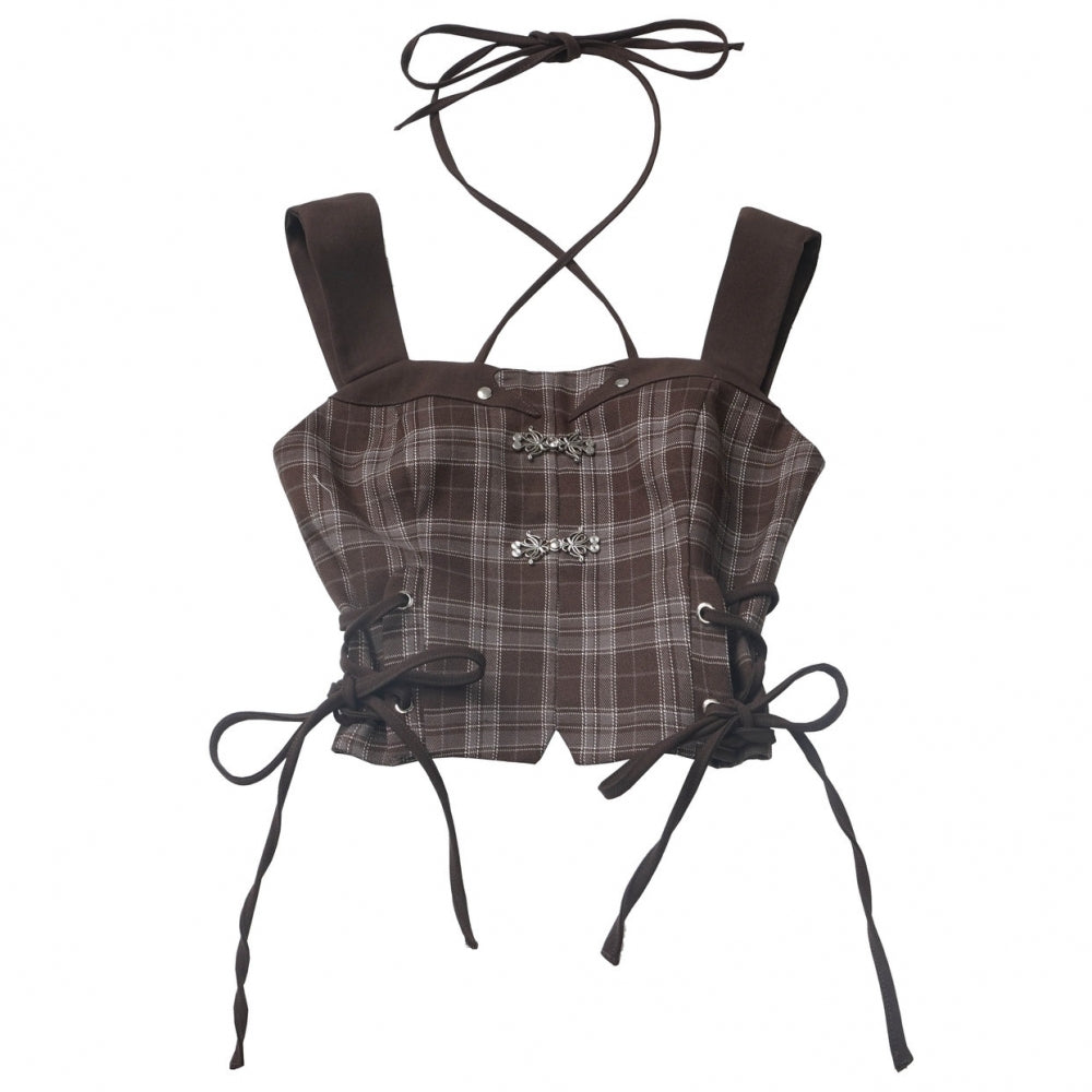 Summer Gray Crop Top / plaid Vest / skirt