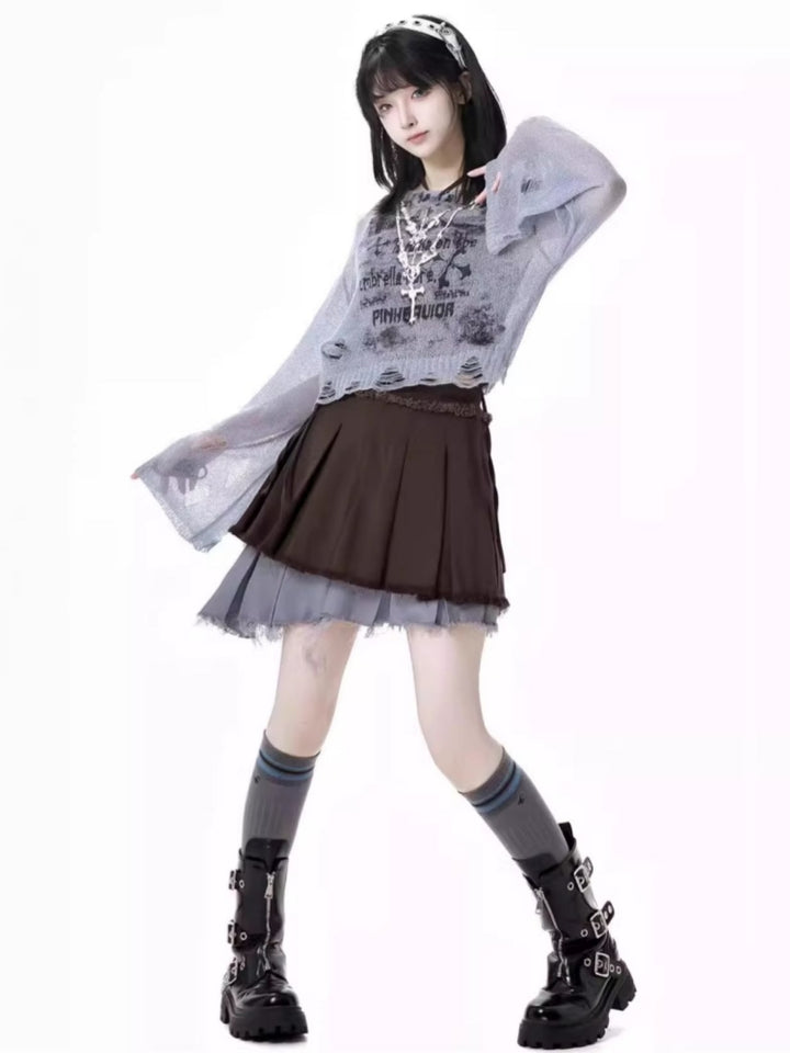 Summer Gray Crop Top / plaid Vest / skirt