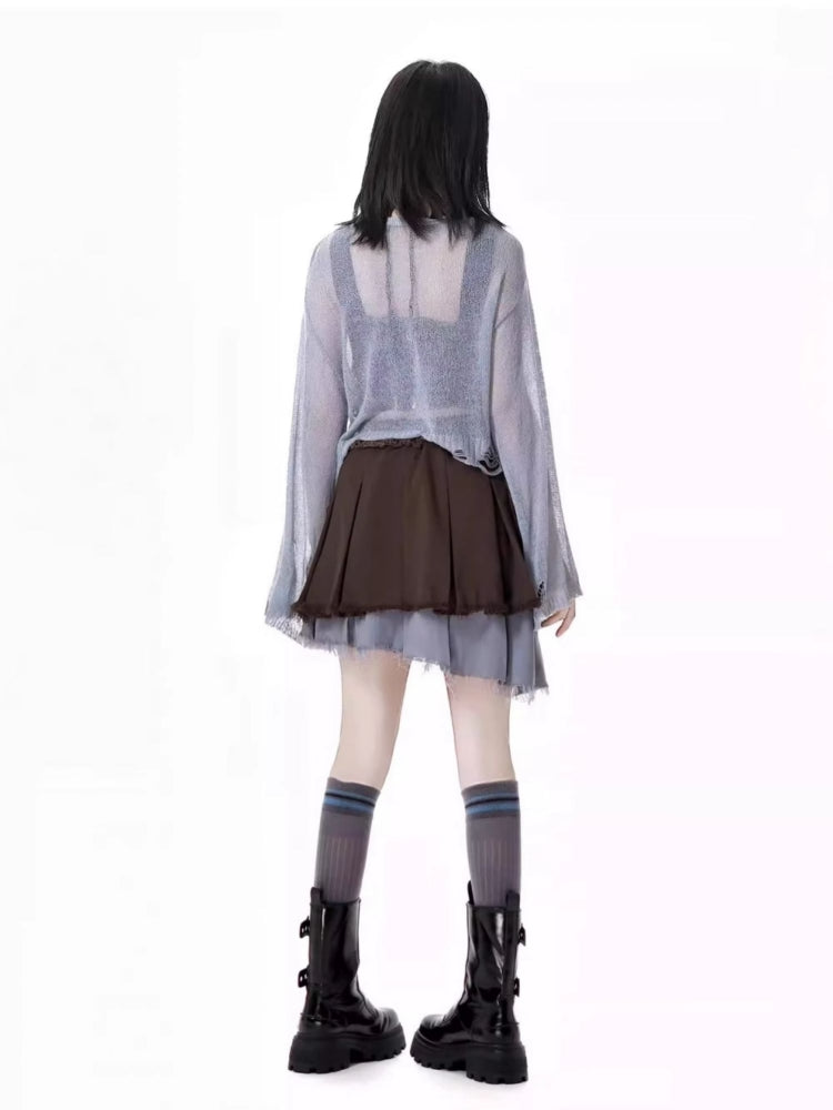 Summer Gray Crop Top / plaid Vest / skirt