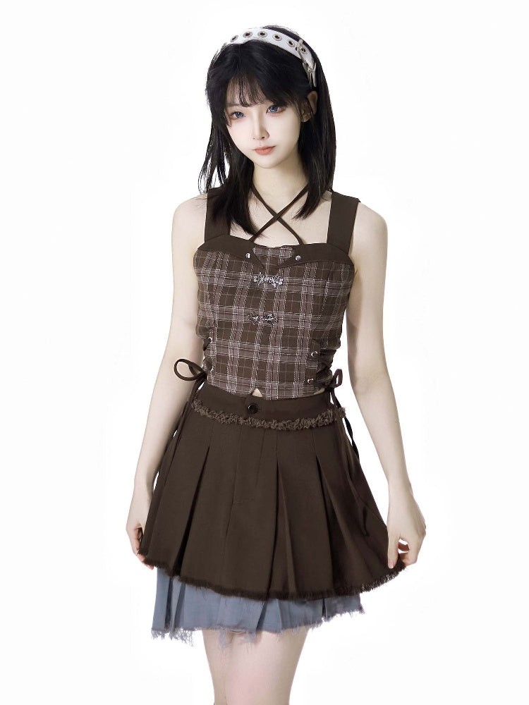 Summer Gray Crop Top / plaid Vest / skirt