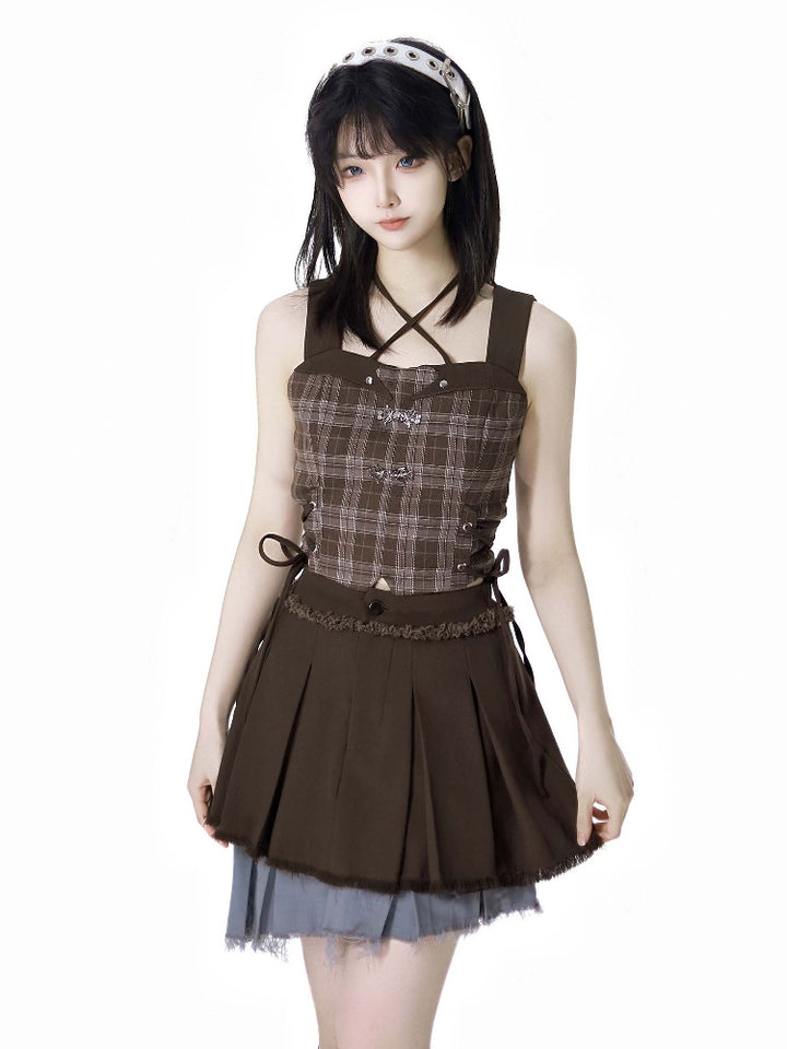 Summer Gray Crop Top / plaid Vest / skirt