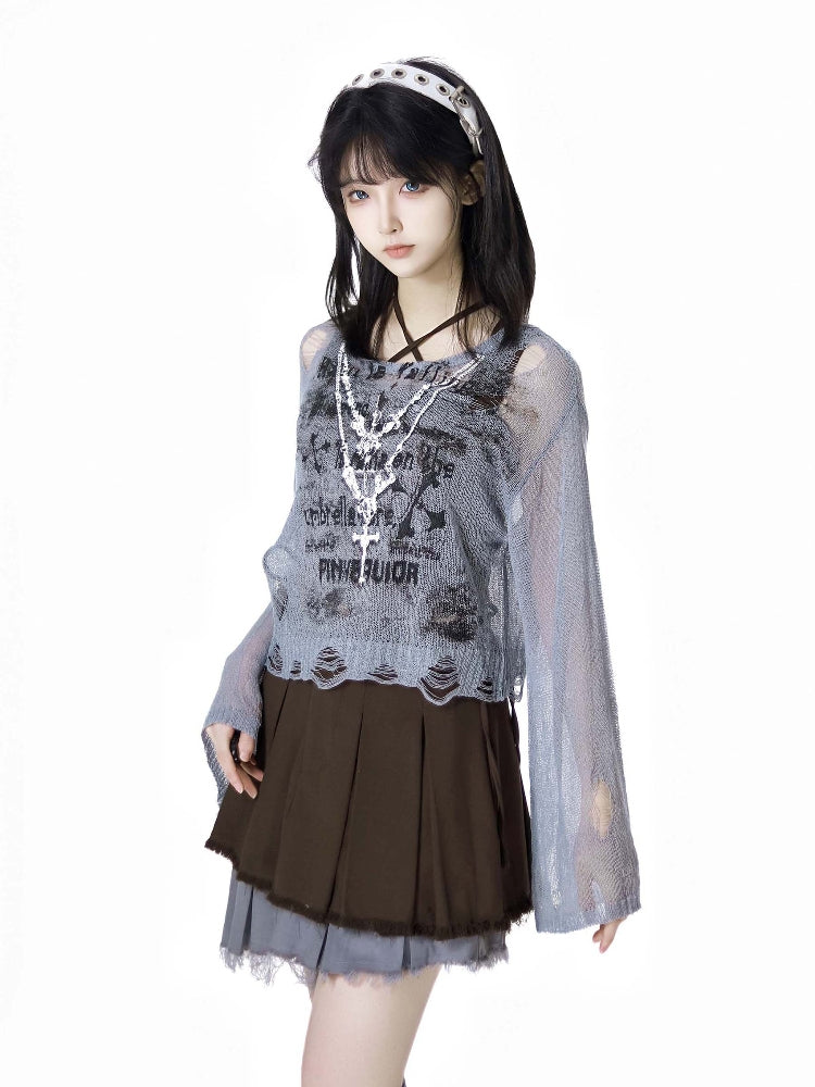 Summer Gray Crop Top / plaid Vest / skirt