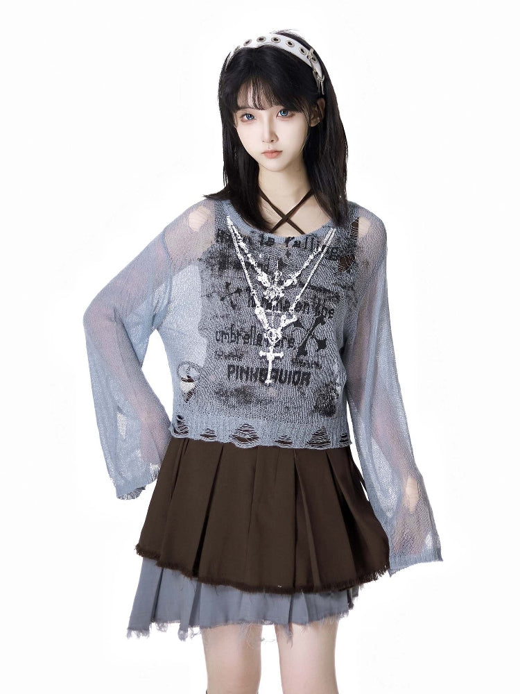 Summer Gray Crop Top / plaid Vest / skirt