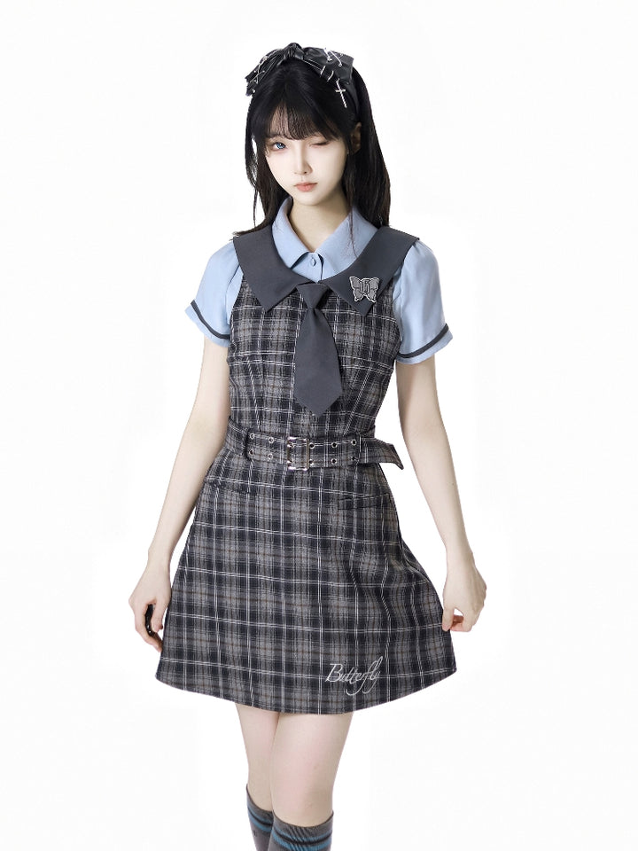 School Style Blue-Grey Plaid Dress / Shirt / Skirt