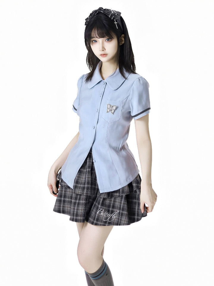 School Style Blue-Grey Plaid Dress / Shirt / Skirt