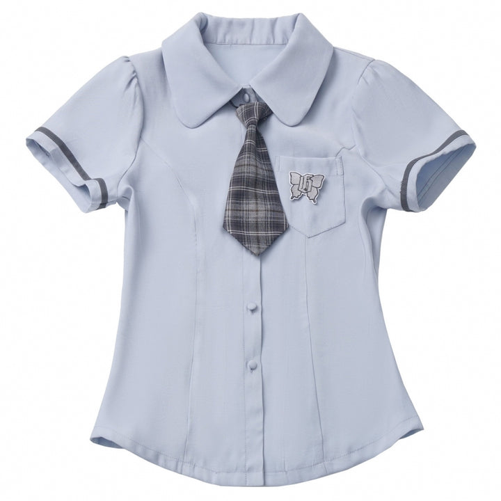 School Style Blue-Grey Plaid Dress / Shirt / Skirt