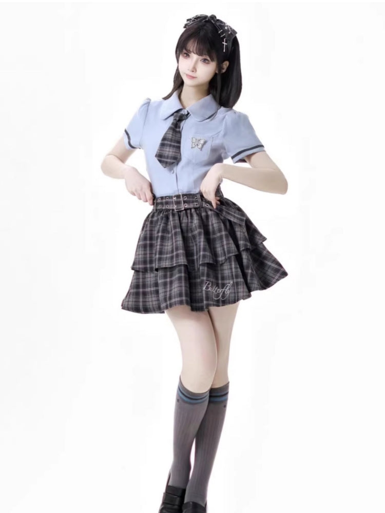 School Style Blue-Grey Plaid Dress / Shirt / Skirt