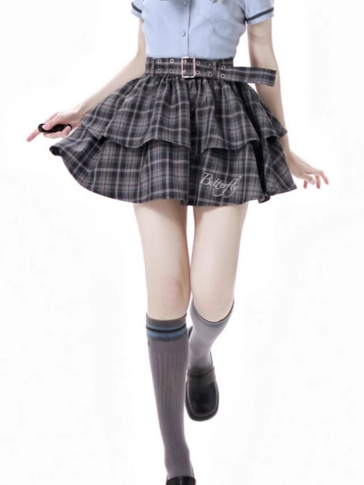 School Style Blue-Grey Plaid Dress / Shirt / Skirt