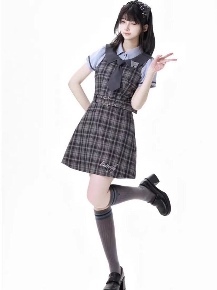 School Style Blue-Grey Plaid Dress / Shirt / Skirt
