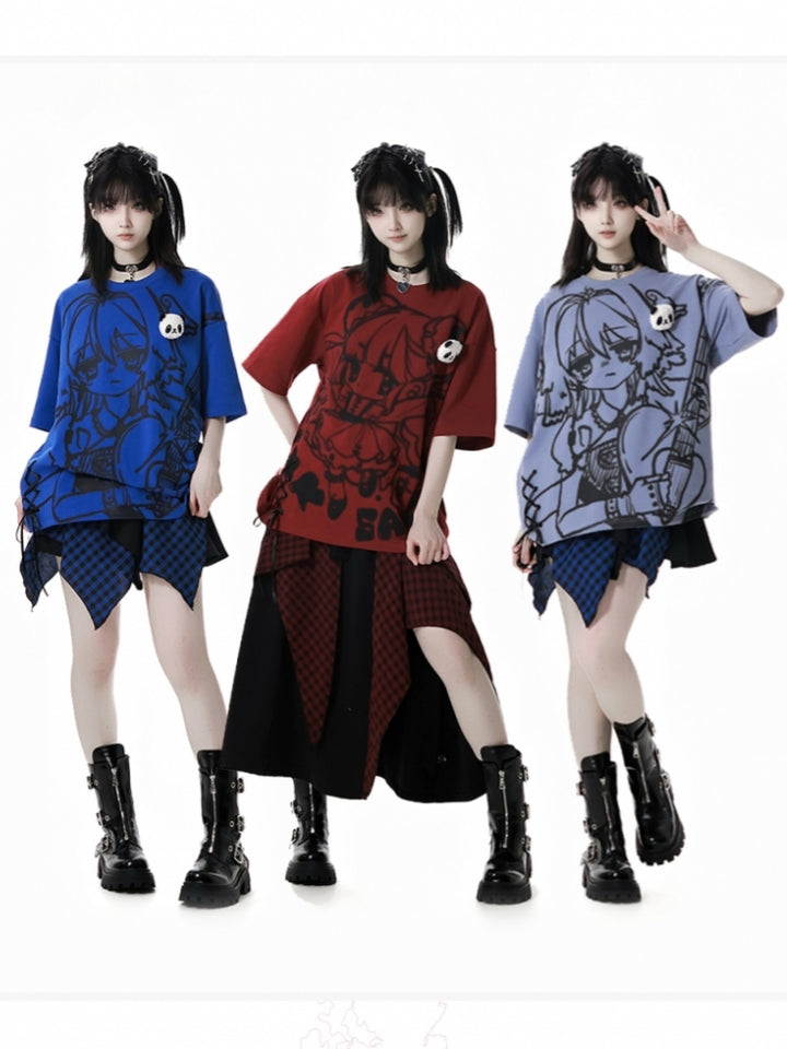 Anime Print Red / Blue / Gray T-Shirt