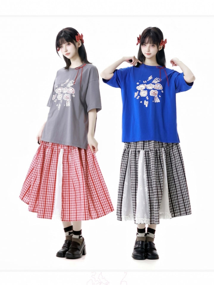 Graffiti Animal Print Short-Sleeve T-Shirt / Plaid Skirt