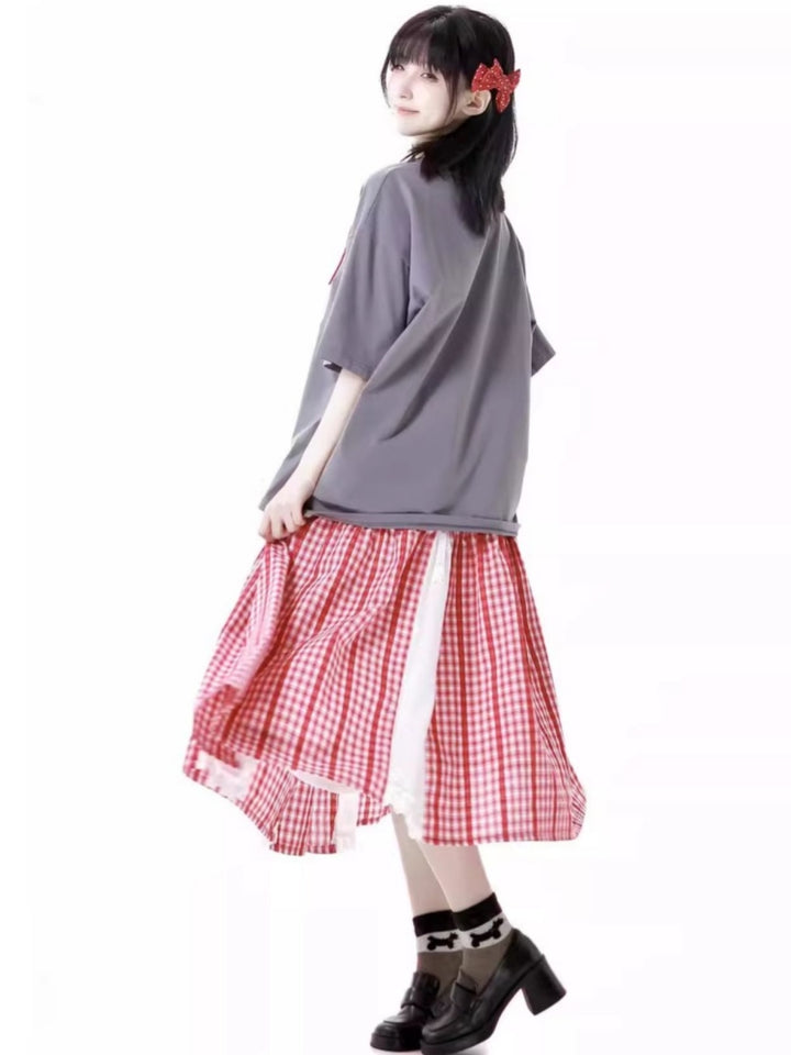 Graffiti Animal Print Short-Sleeve T-Shirt / Plaid Skirt