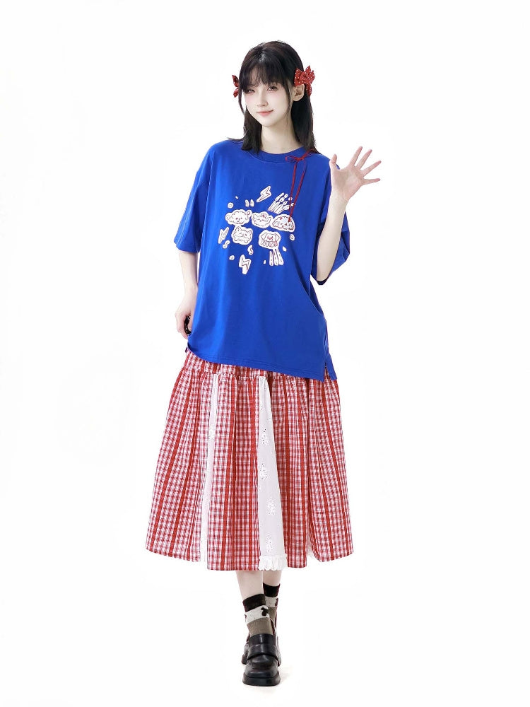 Graffiti Animal Print Short-Sleeve T-Shirt / Plaid Skirt