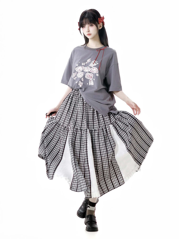 Graffiti Animal Print Short-Sleeve T-Shirt / Plaid Skirt