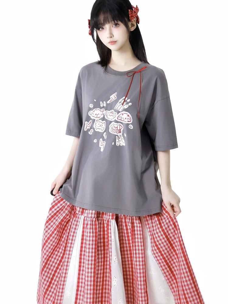 Graffiti Animal Print Short-Sleeve T-Shirt / Plaid Skirt