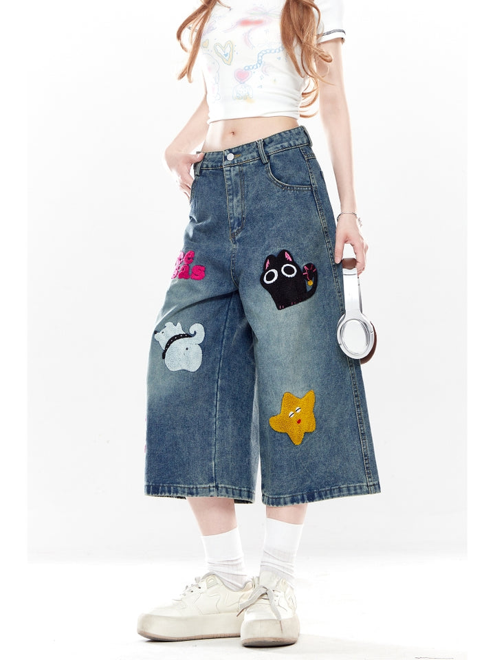 American Vintage Embroidered Denim Capri Pants