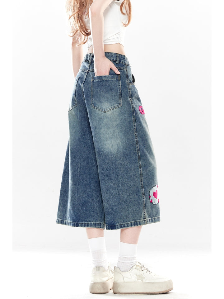 American Vintage Embroidered Denim Capri Pants