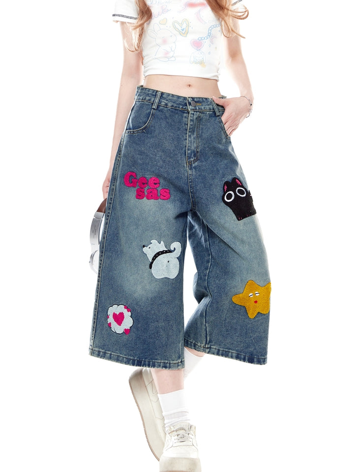 American Vintage Embroidered Denim Capri Pants